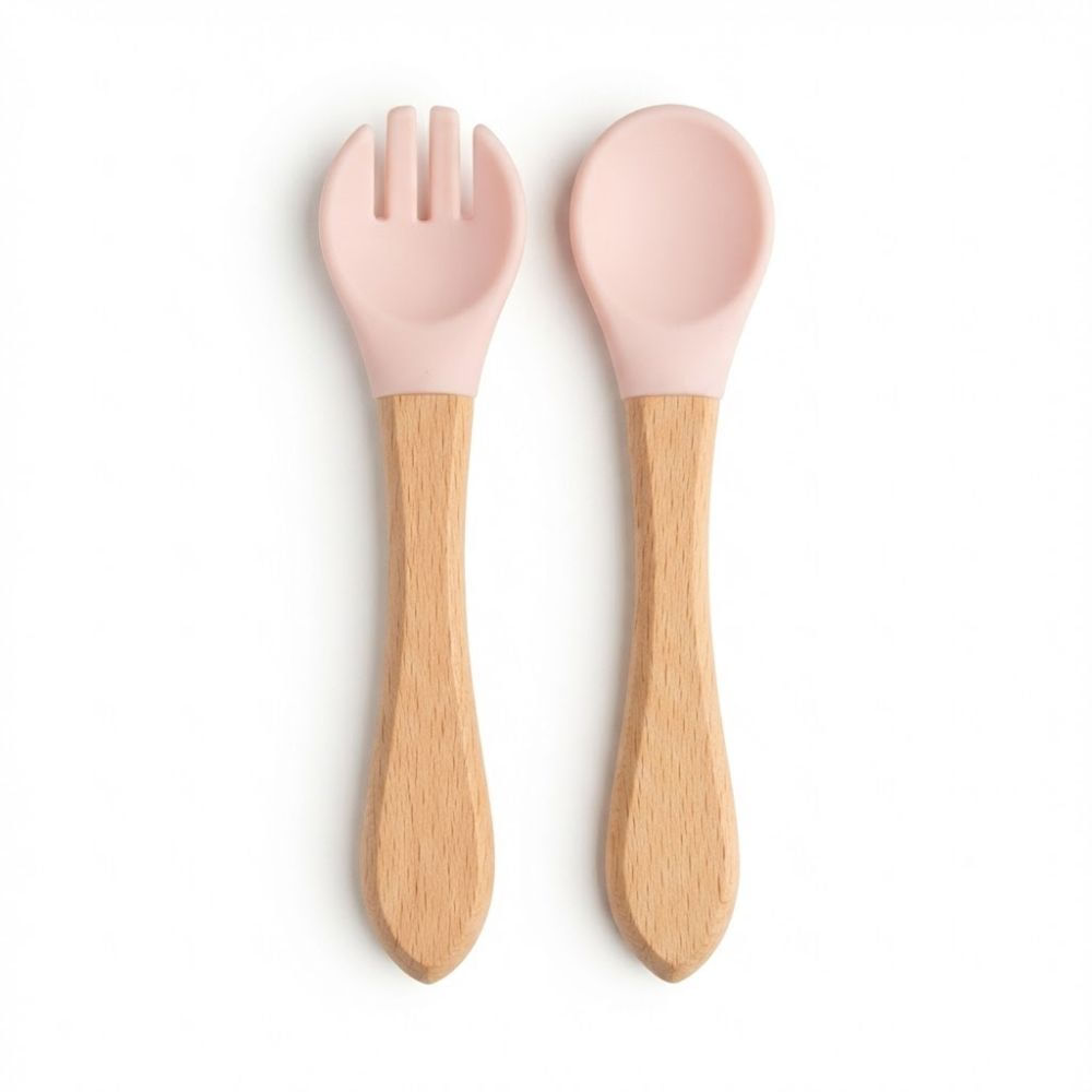 Set de Cucharra y Tenedor De Silicona con Madera Con Estuche Color Rosado Bebé