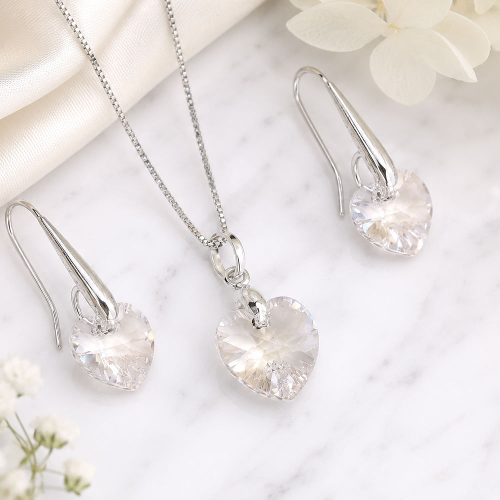 Set de Collar y Aretes de Plata 925 con Corazón de Cristal Blanco Joyeria Fina para Regalo de Mujer