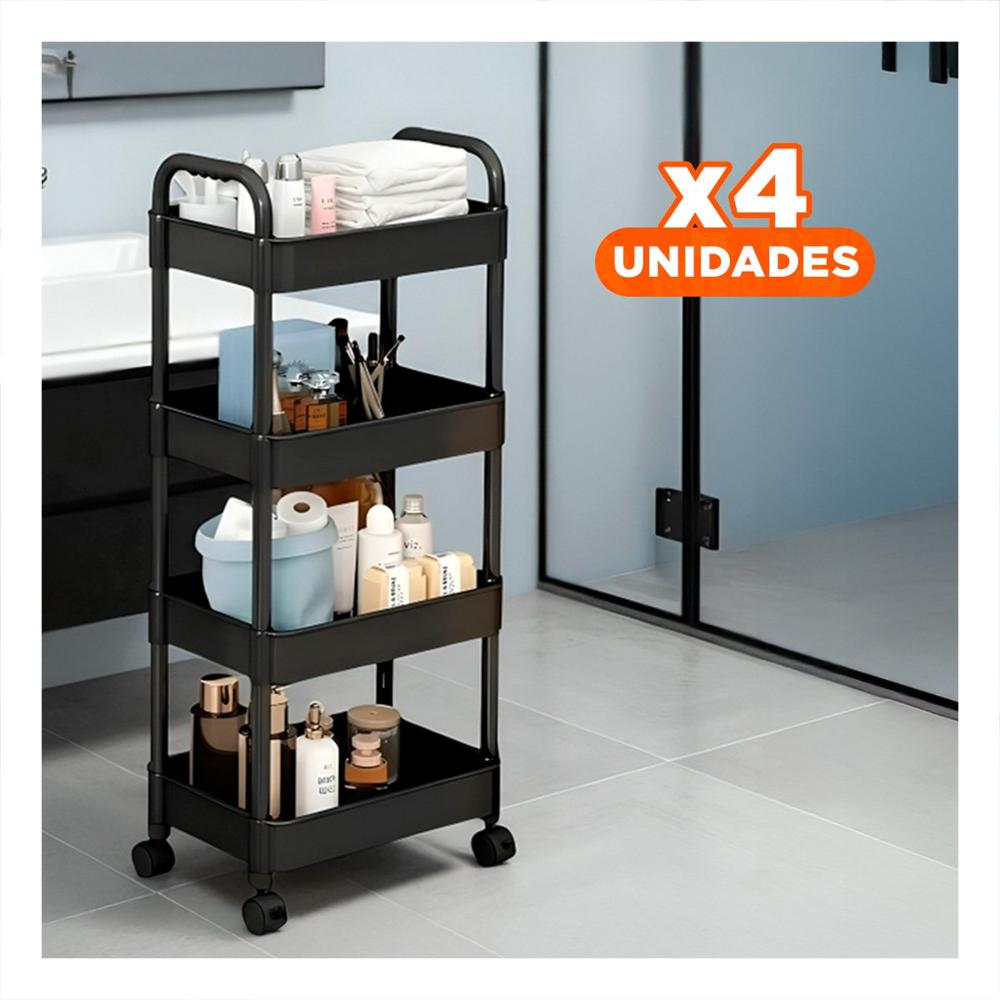 Pack4 Sistema Organizador de Metal Negro con Cuatro Niveles y Ruedas para Hogar Y Papel Regalo