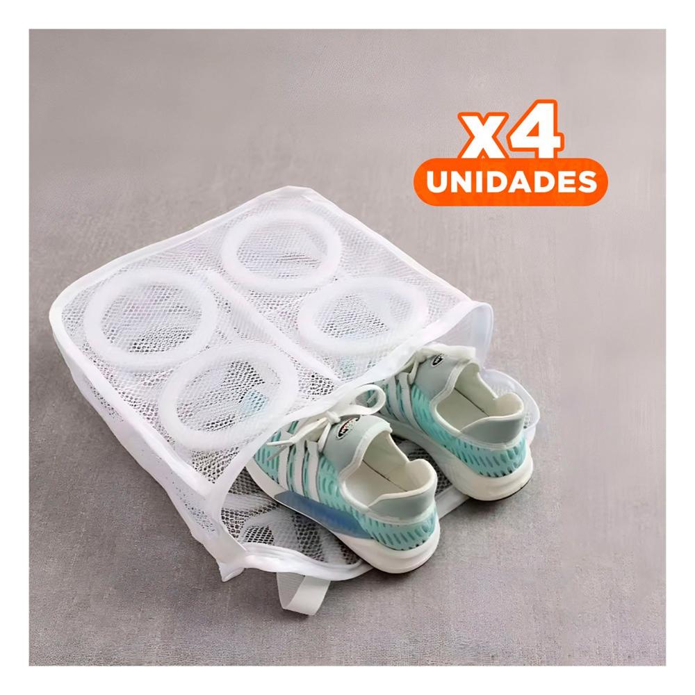 Pack4 Bolso Malla para Lavar Zapatos y Ropa Diseno Rectangular Blanco Y Regalo Sticker