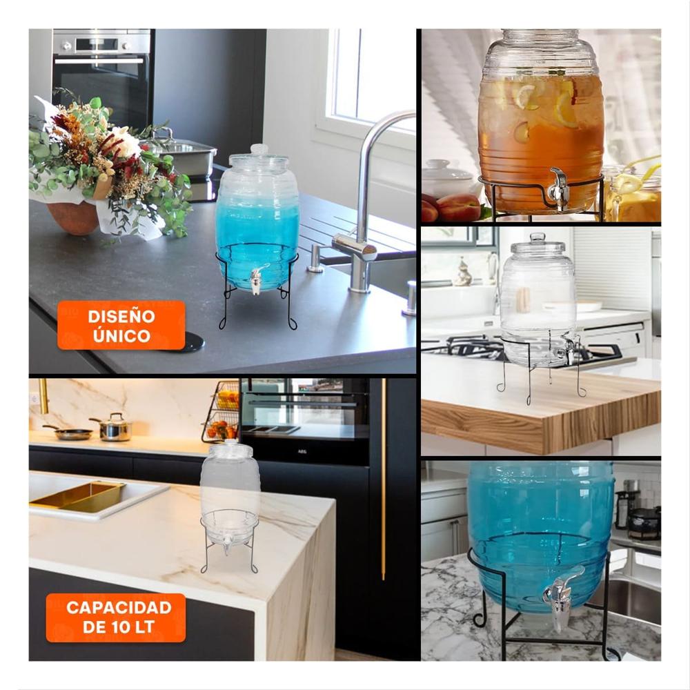 Servidor de Bebidas 10L con Base Metalica y Tapa Chupon Transparente Celeste Y Ligas Regalo