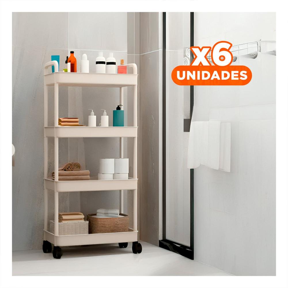 Pack6 Unidad Movil Blanca de Plastico con Cuatro Niveles Ruedas y Asas para Casa