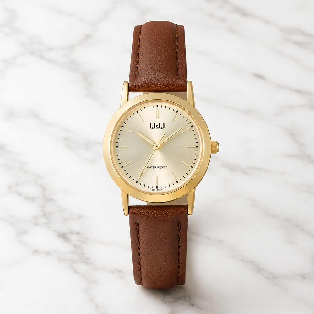 Reloj QyQ para Mujer Diseño Dorado con Correa de Cuero Marrón Resistente al Agua Modelo C40A-012PY