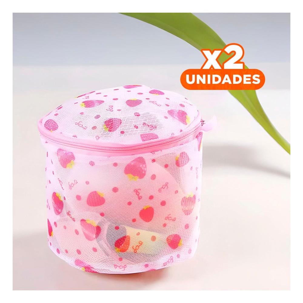 Pack2 Estuche Malla para Lavar Ropa Diseno Cilindro Blanco con Fresas Suave