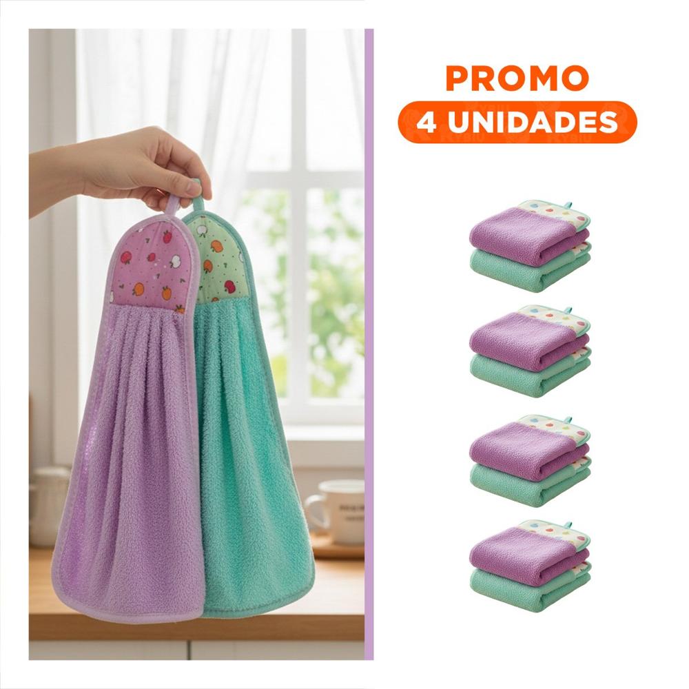 Pack4 Panos de Mano Practicos 2 Unidades Morado y Verde Agua Colgador 28x38cm