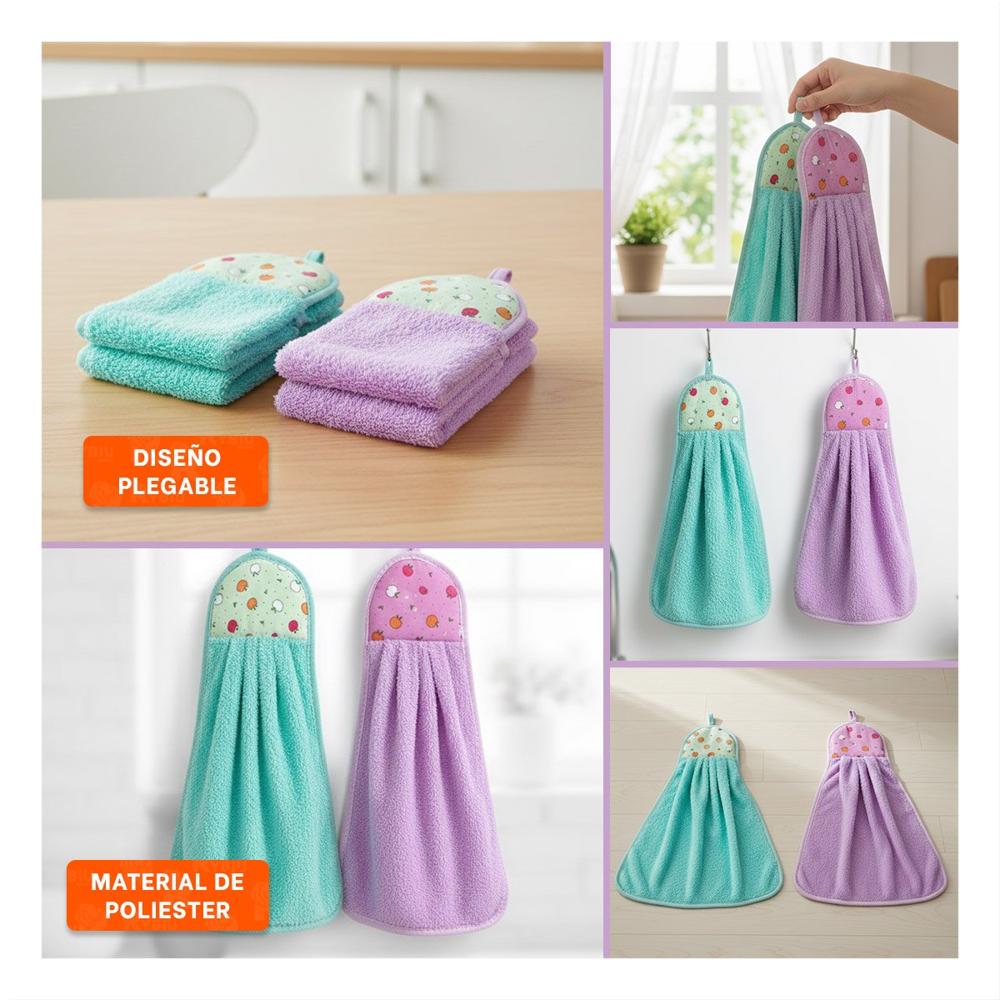 Set 2 Toallas de Mano Morado y Verde Agua con Colgador Colorido 28x38cm Y Ligas Regalo