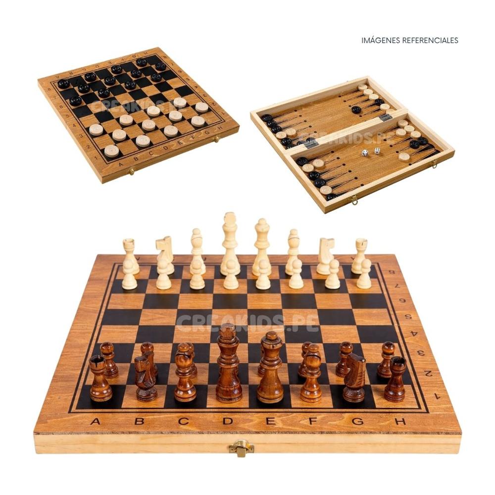 Ajedrez de Madera 3 en 1 con Damas y Backgammon - Mediano 39cm