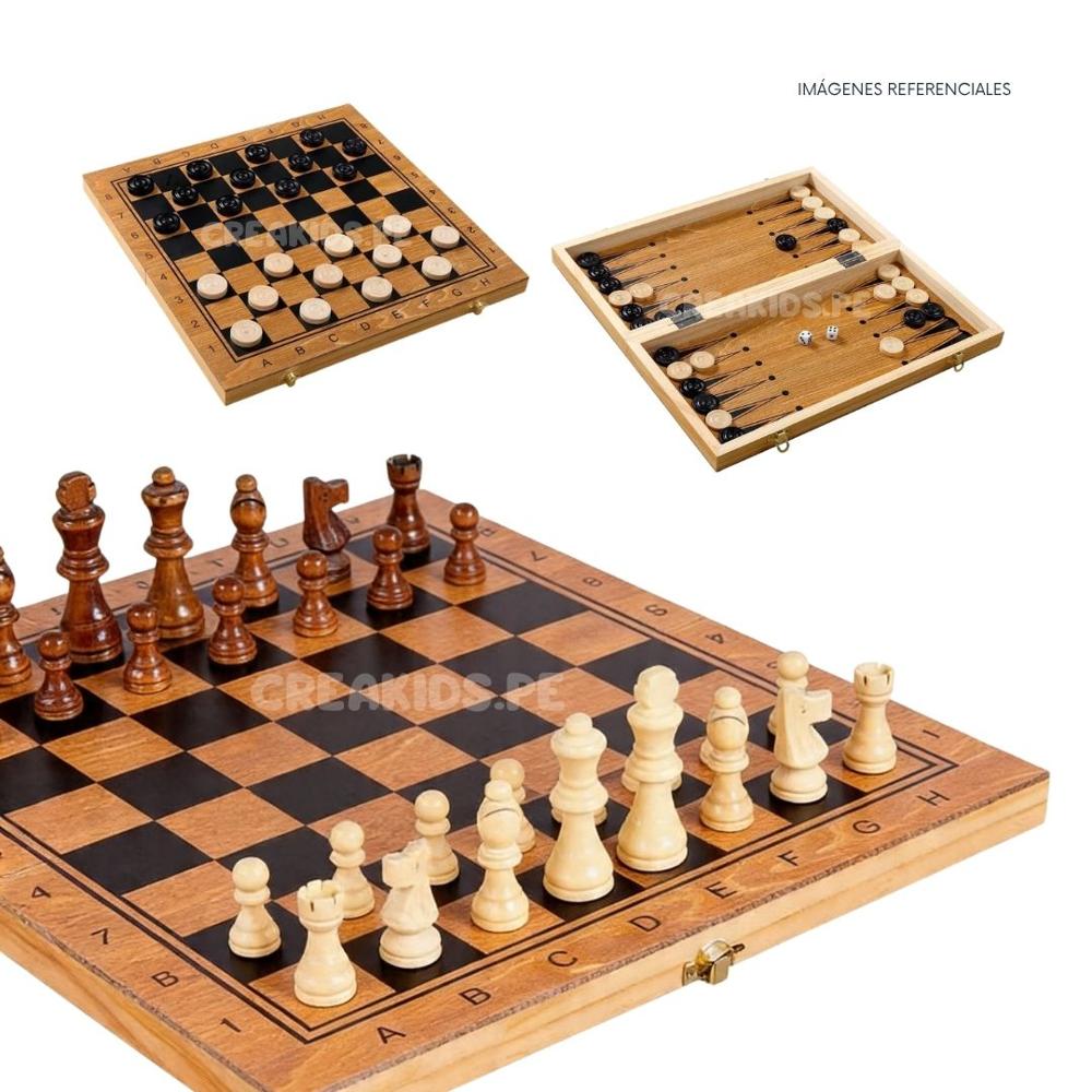 Ajedrez de Madera 3 en 1 con Damas y Backgammon - Grande 48cm