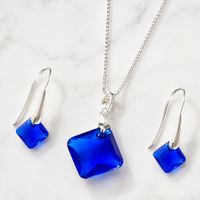 Set Collar y Aretes de Plata 925 con Cristal Diseño Rombo Azul Joyeria Elegante para Regalar