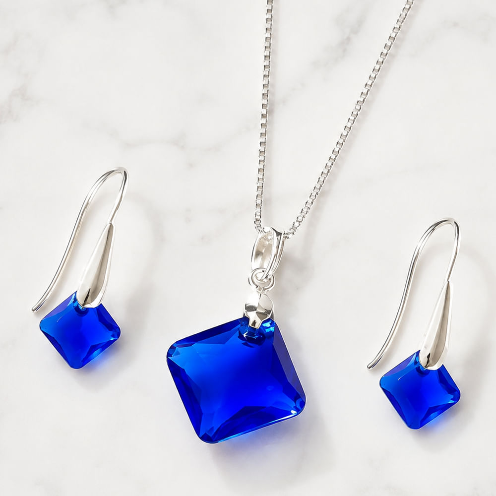 Set Collar y Aretes de Plata 925 con Cristal Diseño Rombo Azul Joyeria Elegante para Regalar