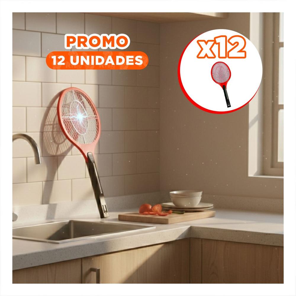 Pack12 Raqueta Mosquitera Rojo Mango Negro para Casa y Control de Insectos Y Papel Regalo