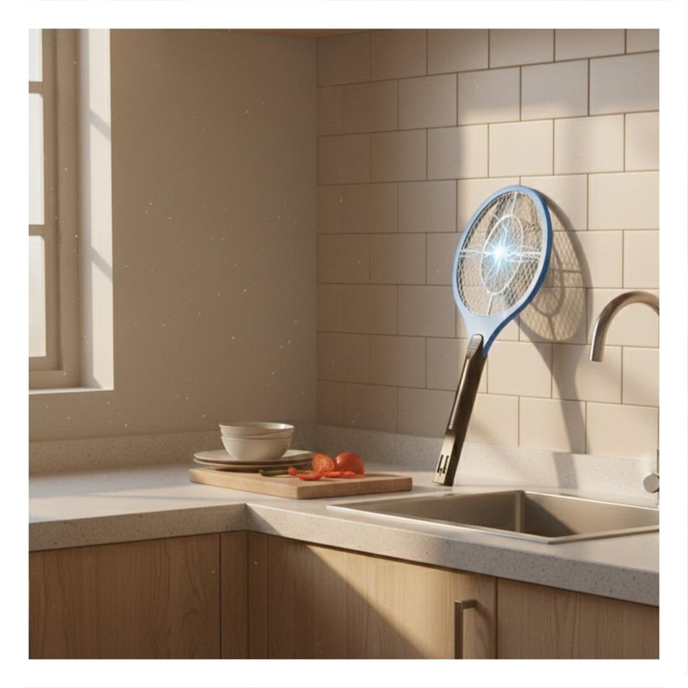 Dispositivo Mosquitera Azul con Mango Negro para Hogar y Control de Mosquitos Y Notas