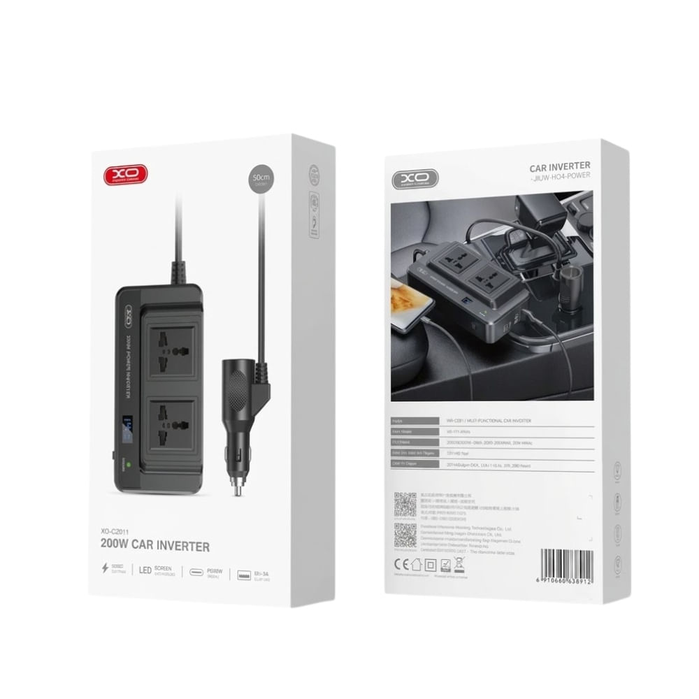 Inversor de Corriente para Cigarrera 200W con 2 Tomas AC, 2 Puertos USB y USB-C XO-CZ011