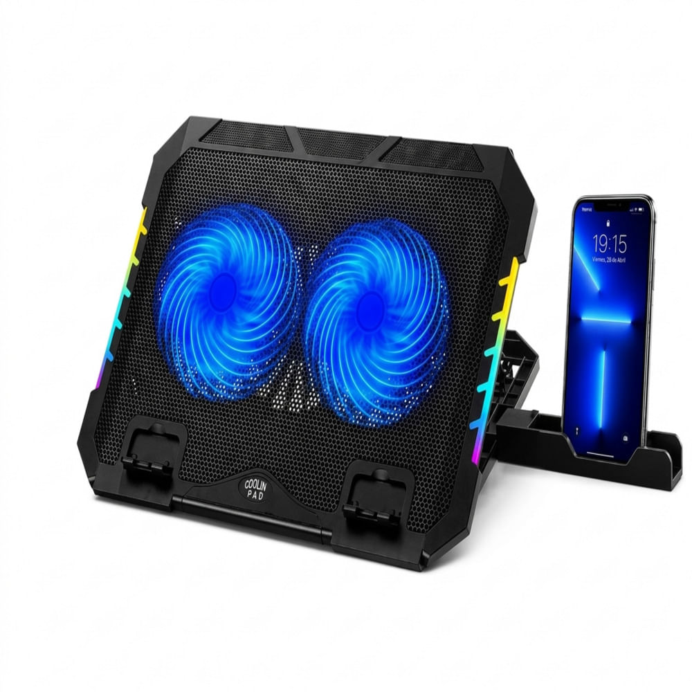 COOLER LAPTOP GAMER RGB 2 VENTILADORES 4 NIVELES ALTURA