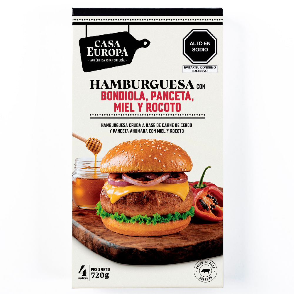 Hamburguesa con Bondiola, Pancenta CASA EUROPA Miel y Rocoto Caja 4un