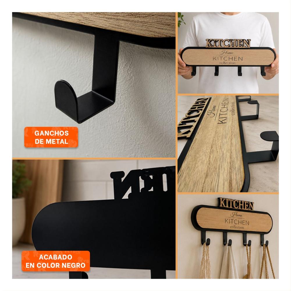 Sujetador Kitchen Negro y Beige con 4 Ganchos para Pared 39x13.5cm Funcional Y Ligas Regalo