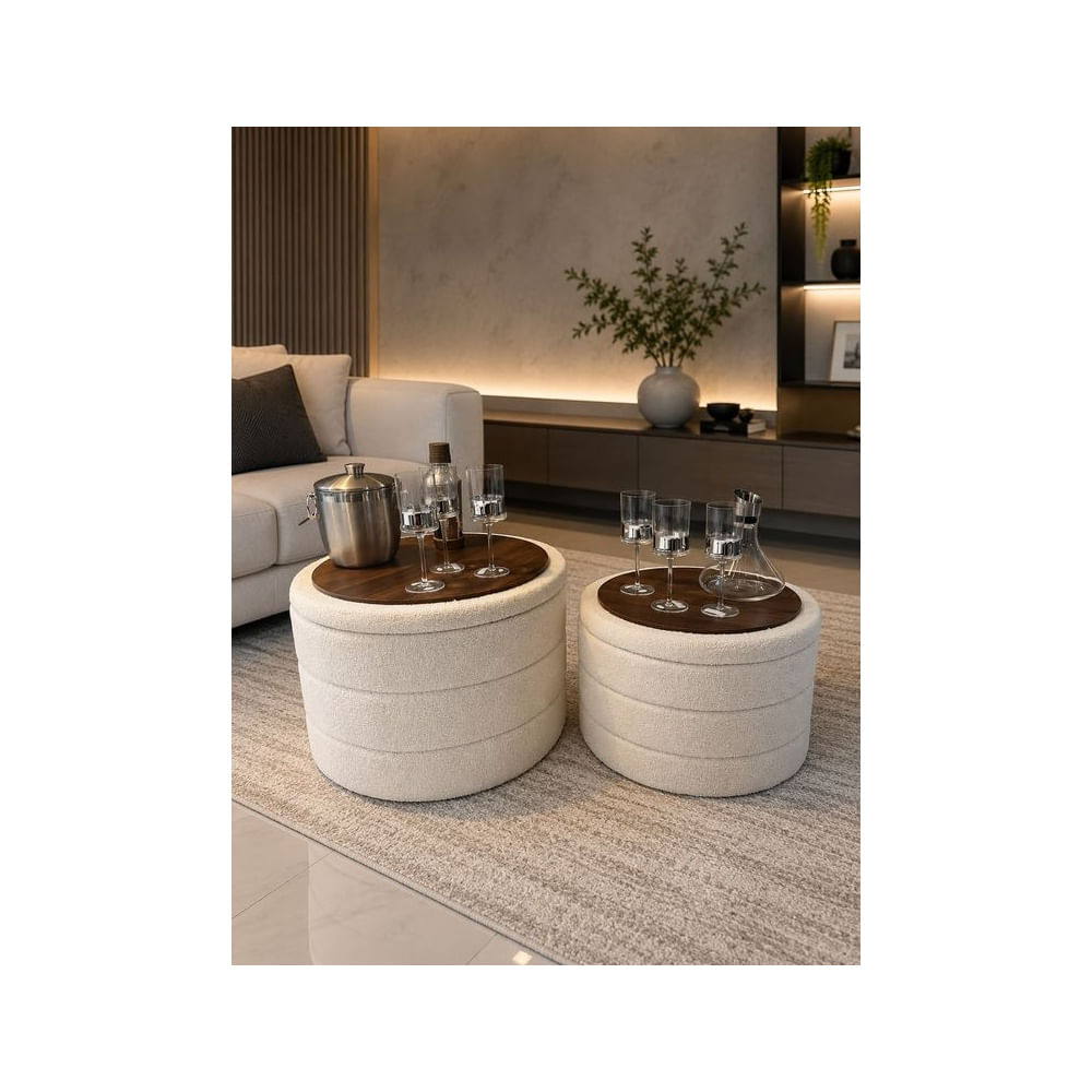 Set de 2 mesas centros tapizado Bouclé con Tapa de Mesa en Madera Crema