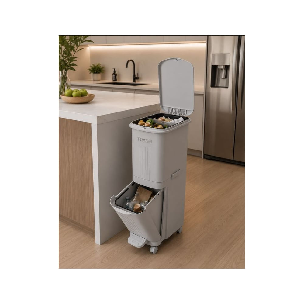 Tacho Doble Compartimento 2 Niveles con Tapa y Pedal Gris Incoloro