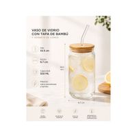 Sets x 4 Vasos de Vidrio Borosilicato 550 ml con Tapas de Bambú y Sorbetes