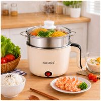 Mini Olla Eléctrica Multiusos Fuxiong 1L Portátil de 600W con Vaporera Acero Inox Crema