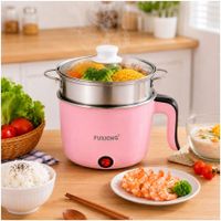Mini Olla Eléctrica Multiusos Fuxiong 1L Portátil de 600W con Vaporera Acero Inox Rosado