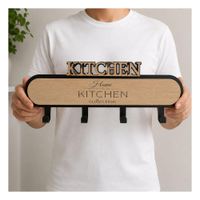 Perchero 39x13.5cm Kitchen Negro y Beige con 4 Ganchos para Entrada Y Sticky