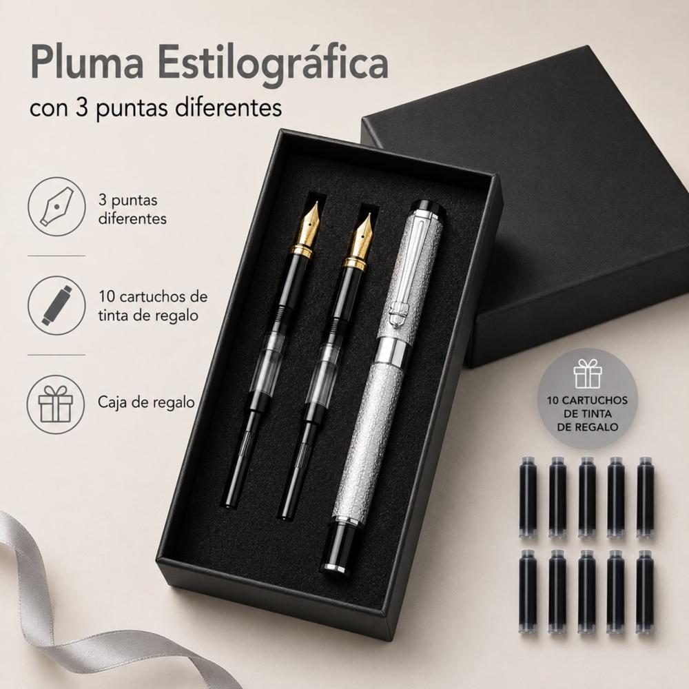 LAPICERO PLUMA FUENTE 3 BOLIGRAFO 10 cartuchos tinta PLATEADO