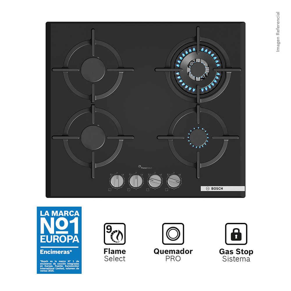 Encimera a Gas Bosch 4 Quemadores PPH6A6I10 Cristal Templado