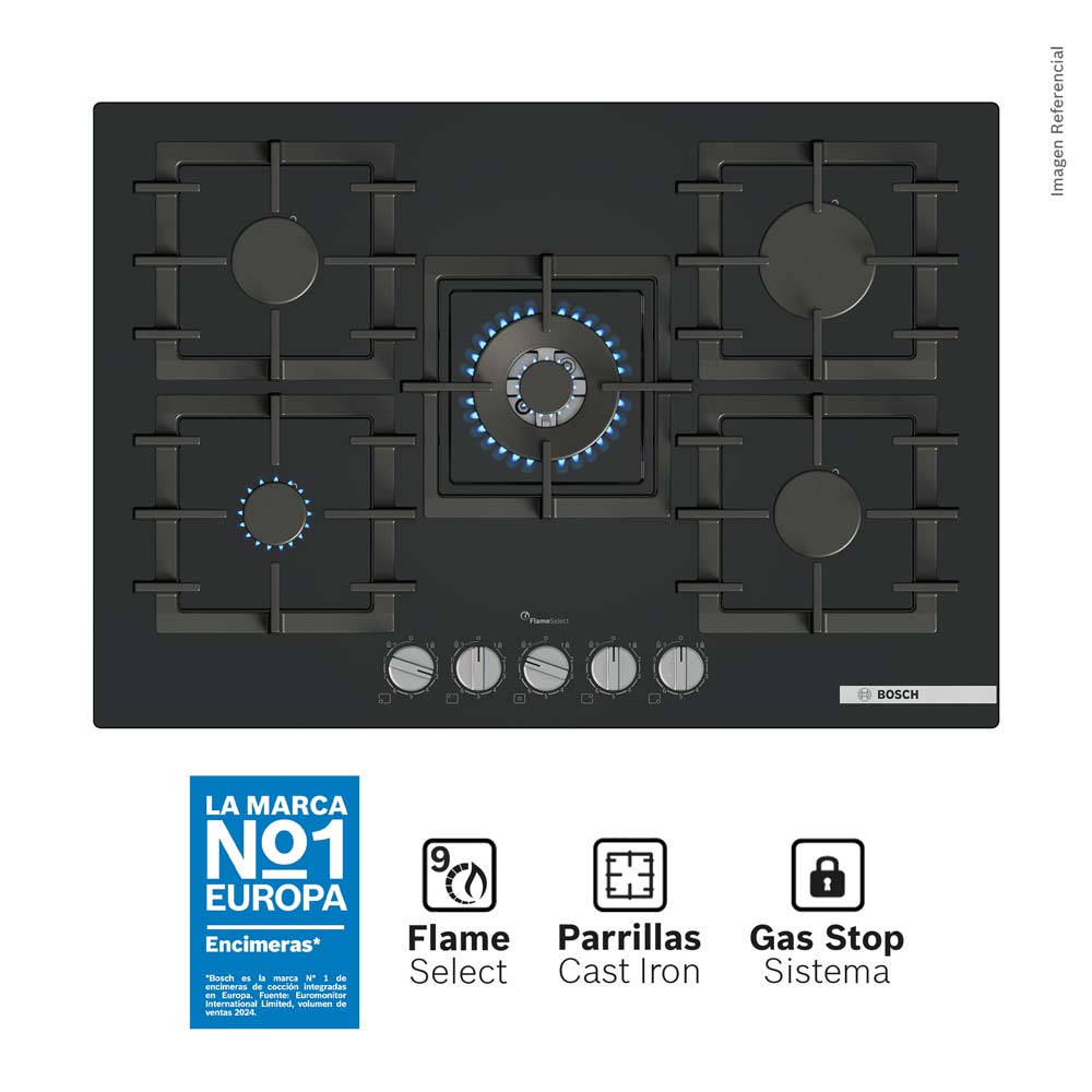 Encimera a Gas Bosch 5 Quemadores PPQ7A6I40 Cristal Templado