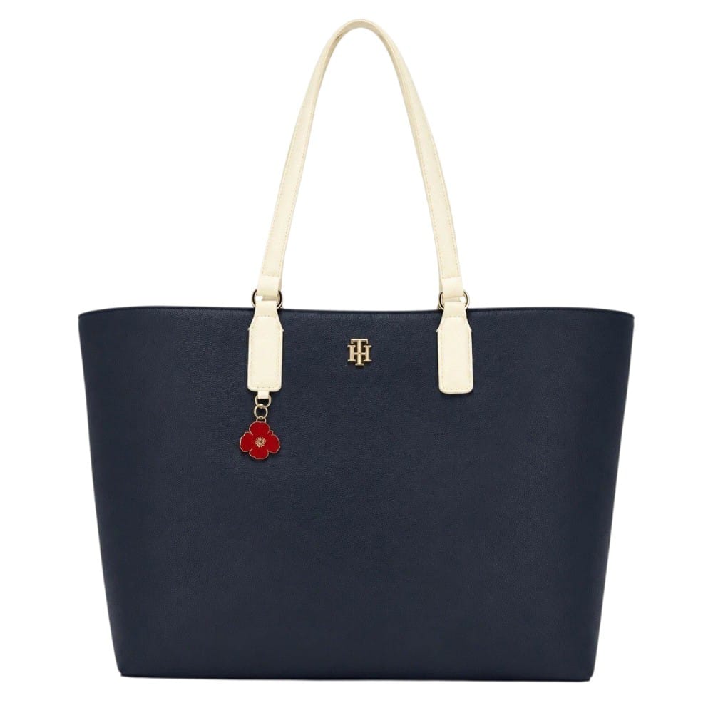 CARTERA TOTE TOMMY HILFIGER AZUL CON ASA BLANCA Y ADORNO FLOR ROJA