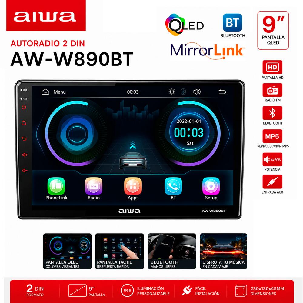 Autoradio 2 DIN QLED 9'' CarPlay Android Auto AIWA AW-W890BT FM MP5 BT USB Auto Radio