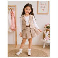 CONJUNTO INFANTIL 3 PIEZAS BLUSA CHALECO Y FALDA ESCOCESA