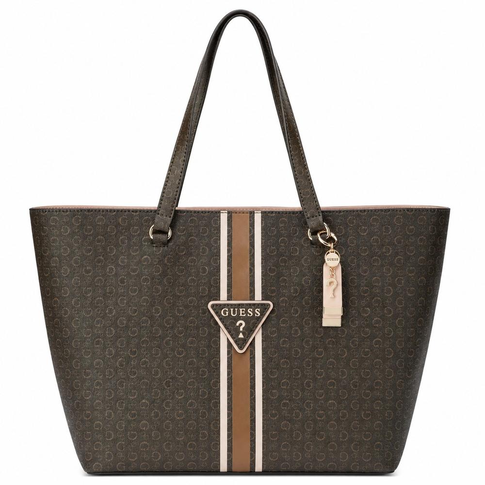 CARTERA TOTE GUESS TABHITA MARRÓN MONOGRAFIADA CON CINTA EN MEDIO