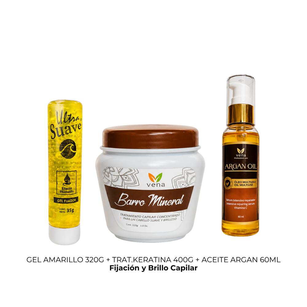 GEL AMARILLO TUBO más CREMA TRAT CAPILAR BARRO 110G más ACEITE DE ARGAN 60ML