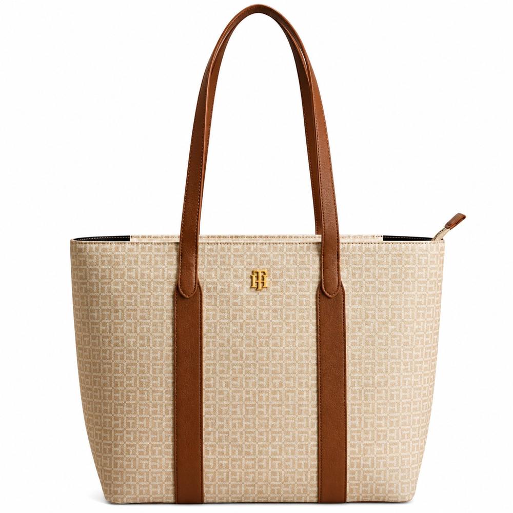 CARTERA TOTE TOMMY HILFIGER BEIGE MONOGRAFIADA CON MARRÓN