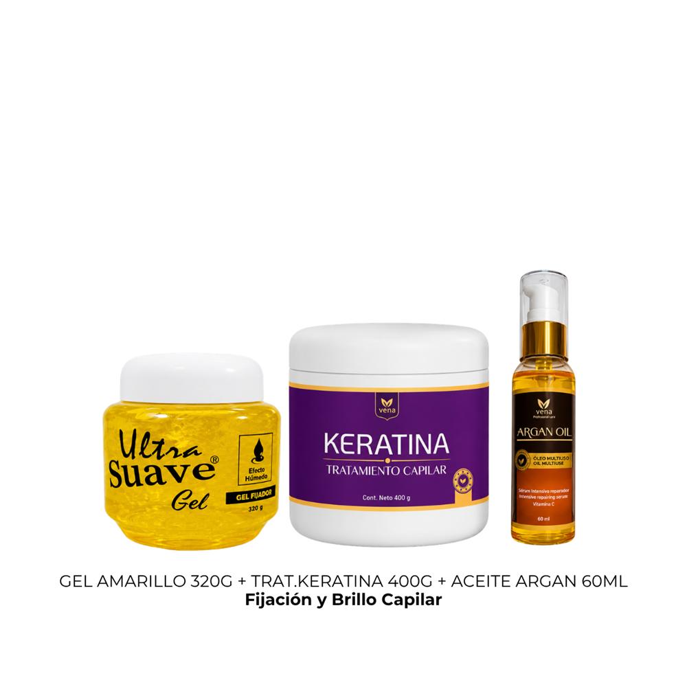 GEL AMARILLO POTE 320G más TRATAMIENTO KERATINA 400G más ACEITE DE ARGAN 60ML