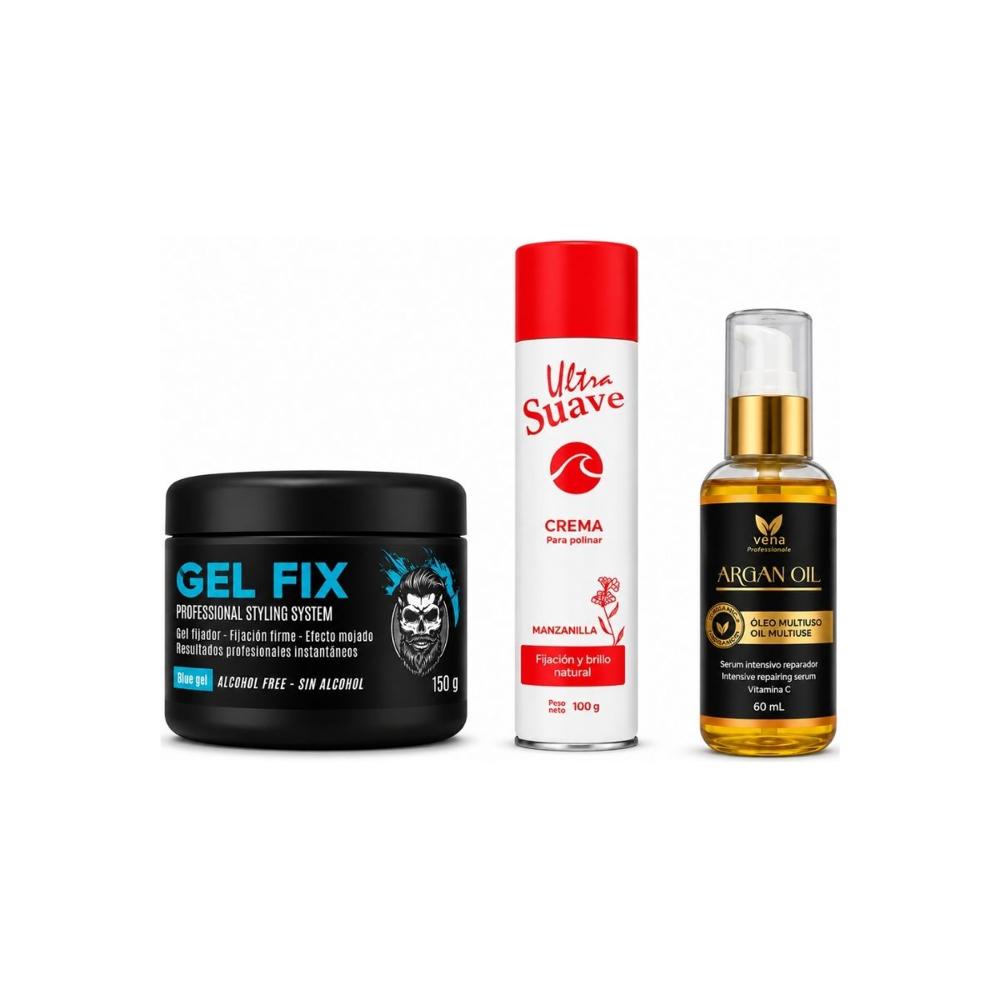 GEL FIX BLUE 150G más CREMA ULTRA SUAVE MANZANILLA 100G más ACEITE DE ARGAN 60ML