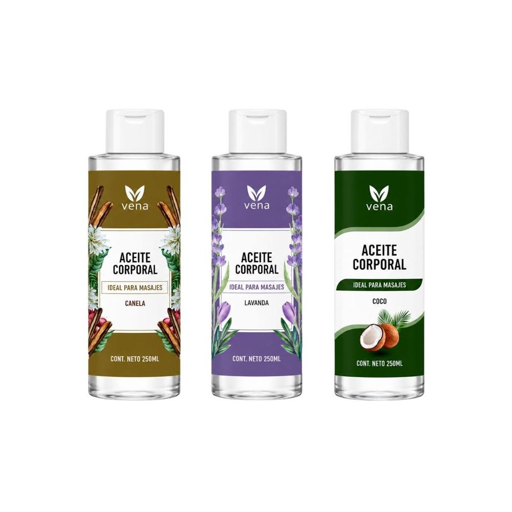 Kit Aceite Corporal Canela más Lavanda más Coco VENA 250ml - Trio Hidratante para tu Piel