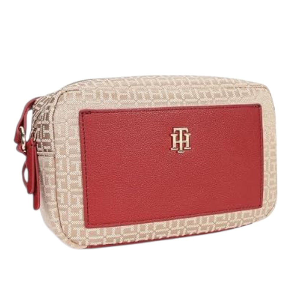 CARTERA CROSSBODY TOMMY HILFIGER BEIGE Y ROJO CON BOLSILLO DELANTERO