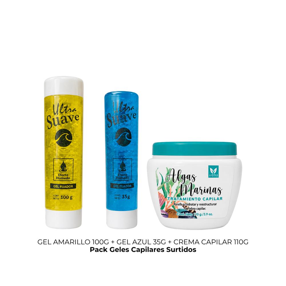 GEL AMARILLO TUBO 100G más GEL AZUL TUBO 35G más CREMA TRAT CAPILAR ALGAS 110G