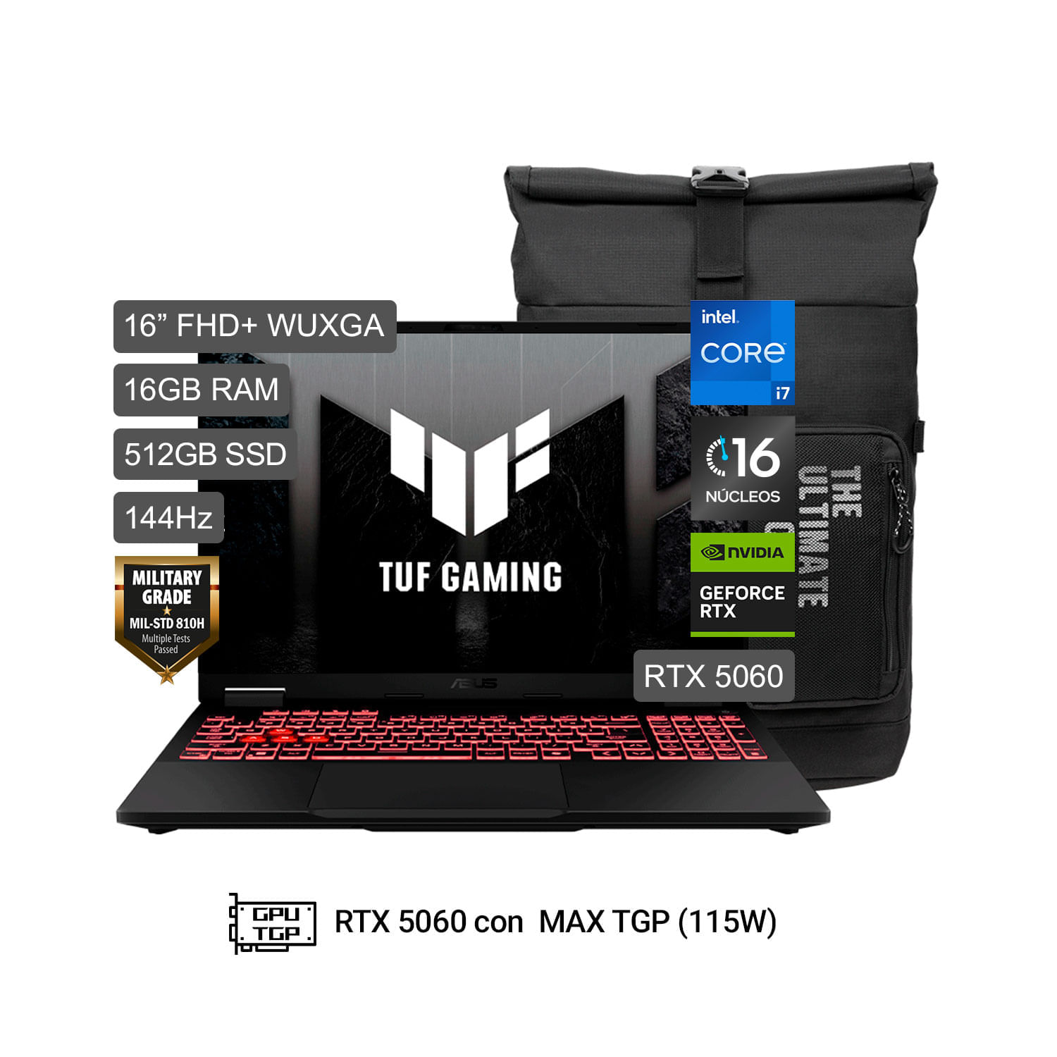 Laptop ASUS TUF Gaming 16"" Intel Ci7 FX608JMI-TU401W 16GB RAM 512GB SSD RTX 5060 + Mochila TUF