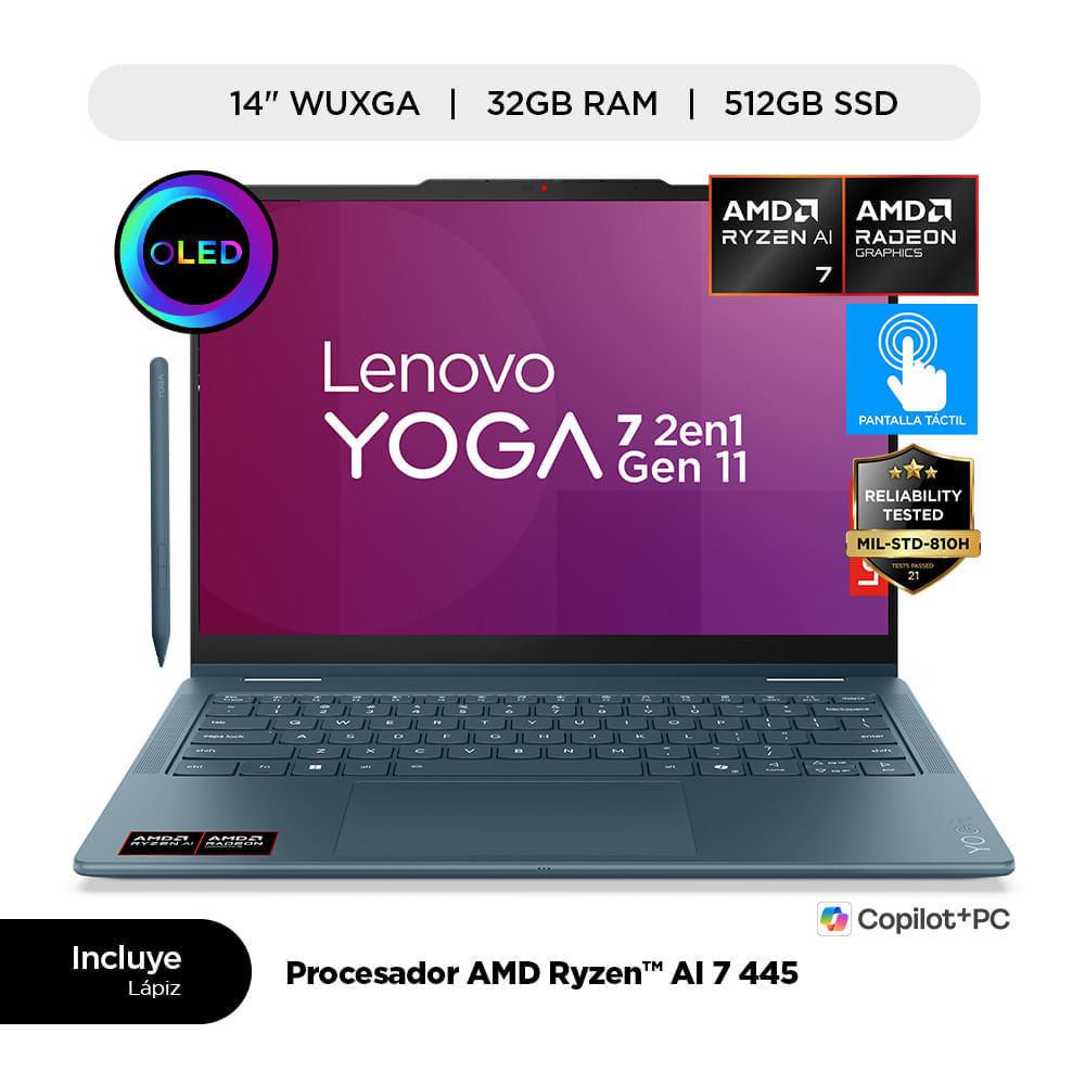 Laptop Lenovo Yoga 7 2 en 1 AMD Ryzen AI 7 445 32GB RAM 512GB SSD 14"" WUXGA Oled Touch