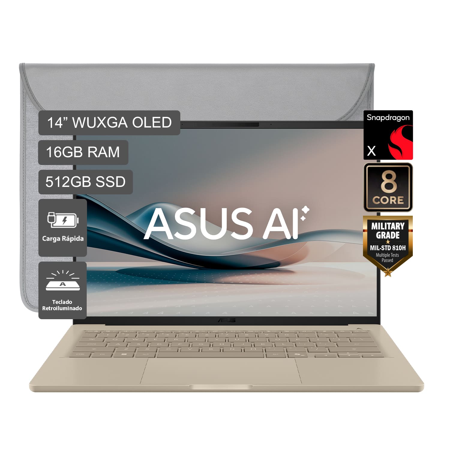 Laptop ASUS AI 14"" Snapdragon X1-Plus UX3407QA-QD289W 16GB RAM 512GB SSD + Funda