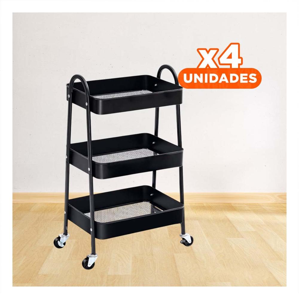 Pack4 Repisa rodante 3 niveles con ruedas y asas metal negro para cocina y sala