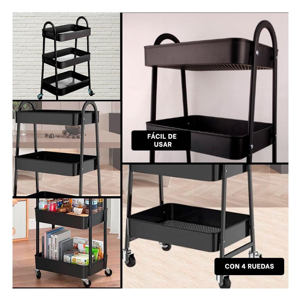 Rack metalico 3 niveles con ruedas y asas negro para organizar hogar