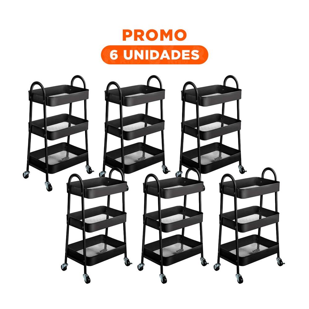 Pack6 Estante compacto 3 niveles con ruedas y asas metal negro para sala y cocina