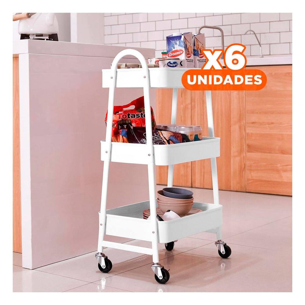Pack6 Bandeja movil 3 niveles con ruedas y asas metal blanco para hogar Y Regalo Sticker