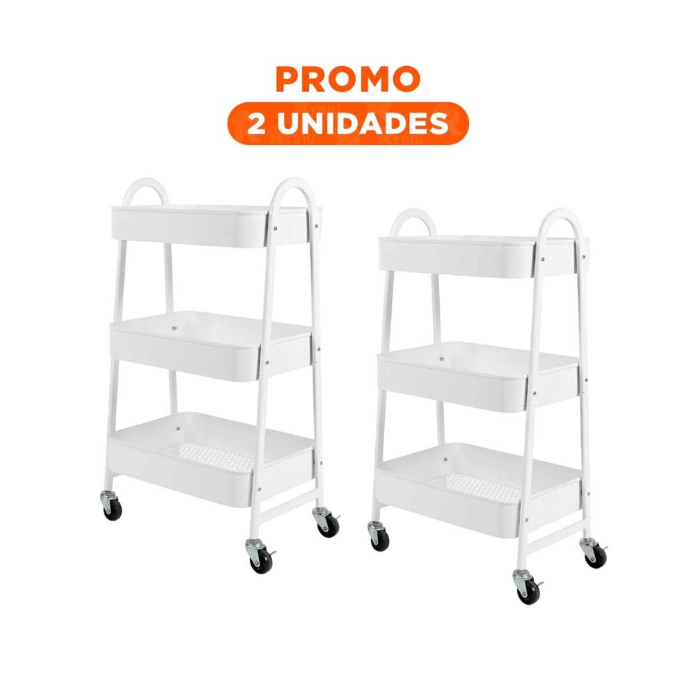 Pack2 Mesa metalica 3 niveles con ruedas y asas blanco para comedor