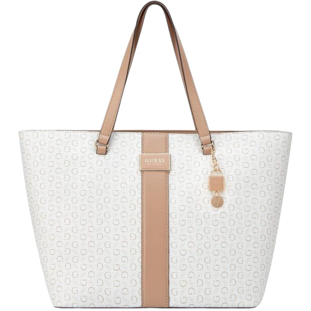 CARTERA TOTE GUESS ISABELLA MONOGRAFIADA BLANCO Y MARRÓN CON ADORNO DORADO
