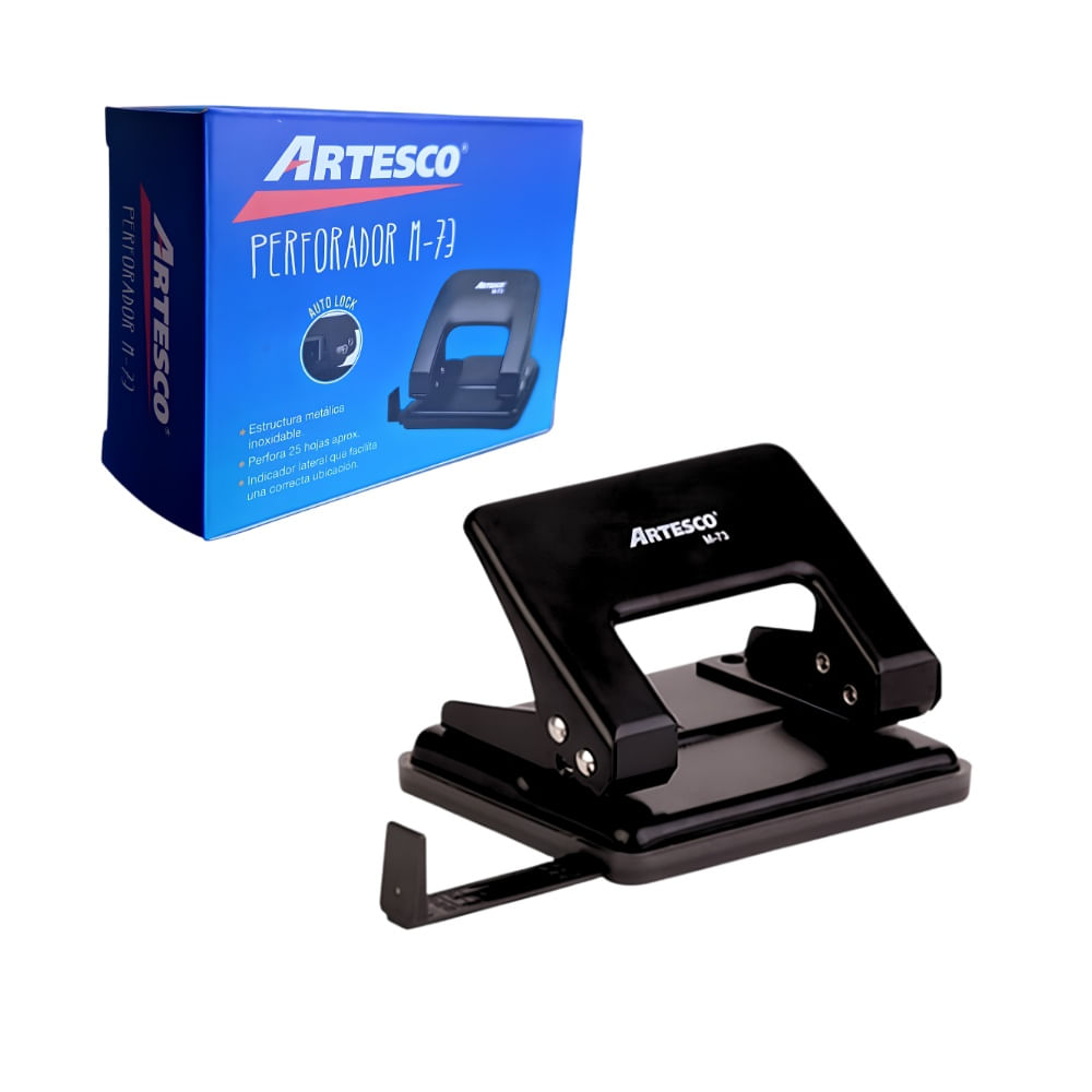 Perforador de Oficina para hasta 25 Hojas con 2 Perforaciones y Regla Guía Artesco Negro